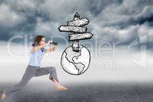 Composite image of cheerful classy businesswoman jumping while h