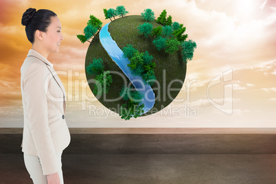 Composite image of smiling asian businesswoman walking