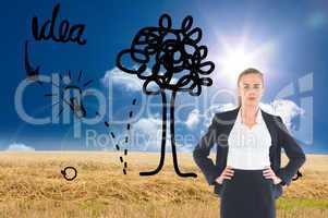 Composite image of businesswoman standing with hands on hips