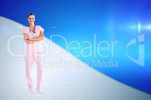 Composite image of beautiful nurse standing in front of the came