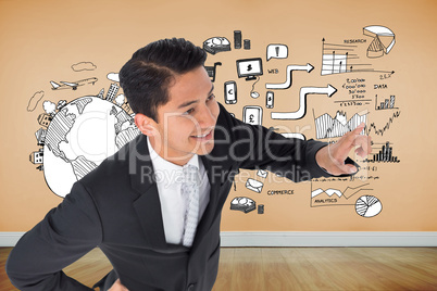 Composite image of smiling asian businessman pointing