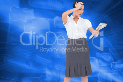 Composite image of surprised classy businesswoman holding newspa