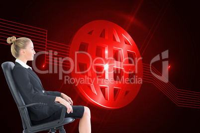 Composite image of businesswoman sitting on swivel chair in blac