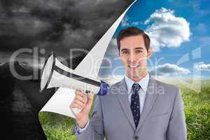 Composite image of smiling businessman holding a megaphone