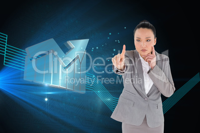 Composite image of unsmiling thinking asian businesswoman pointi