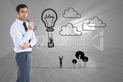 Composite image of thinking businessman holding glasses