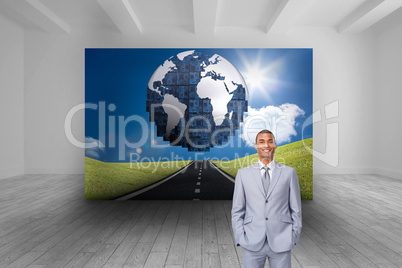 Composite image of attractive businessman with hands in pockets