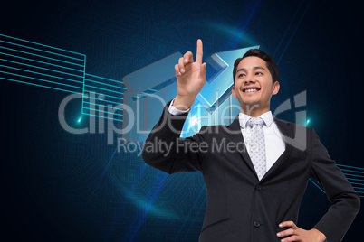 Composite image of smiling asian businessman pointing