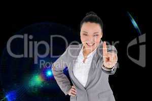 Composite image of smiling asian businesswoman pointing