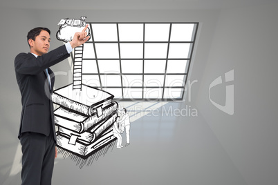 Composite image of serious asian businessman pointing