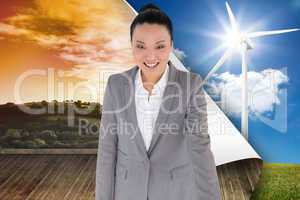 Composite image of smiling asian businesswoman pointing