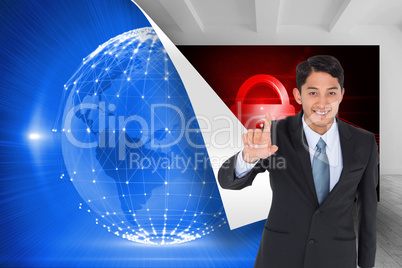 Composite image of smiling asian businessman pointing