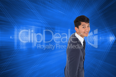 Composite image of smiling casual businessman walking