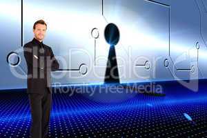 Composite image of handsome businessman with crossed arms