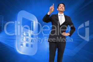 Composite image of smiling asian businessman pointing