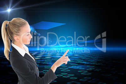 Composite image of businesswoman pointing somewhere