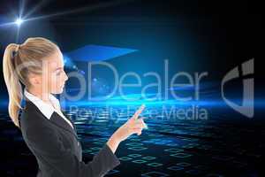 Composite image of businesswoman pointing somewhere