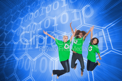 Composite image of enviromental activists jumping and smiling