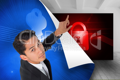 Composite image of unsmiling asian businessman pointing