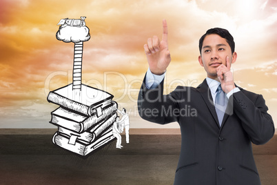 Composite image of thoughtful asian businessman pointing