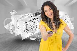 Composite image of smiling curly haired pretty woman changing ch