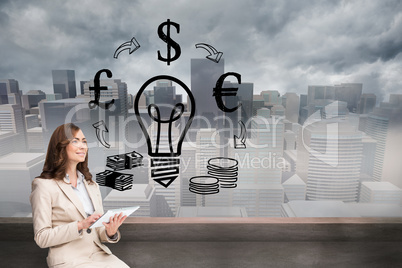 Composite image of businesswoman holding tablet and looking up