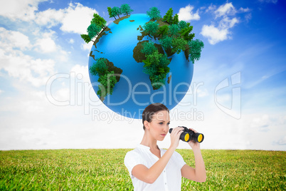 Composite image of serious elegant businesswoman looking through