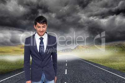 Composite image of smiling casual businessman walking