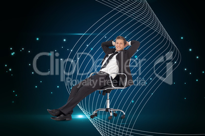 Composite image of manager relaxing in office with team in backg