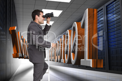 Composite image of businessman standing on ladder