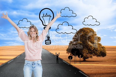 Composite image of full length shot of a smiling woman with her