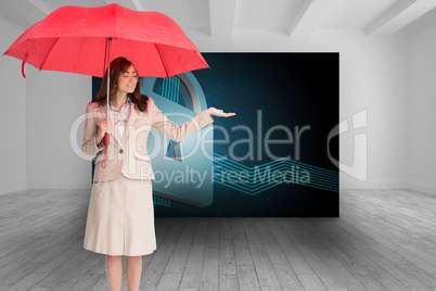 Composite image of attractive businesswoman holding red umbrella