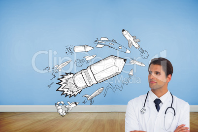 Composite image of confident doctor with arms crossed looking up