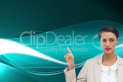 Composite image of serious businesswoman with hands up