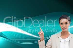 Composite image of serious businesswoman with hands up