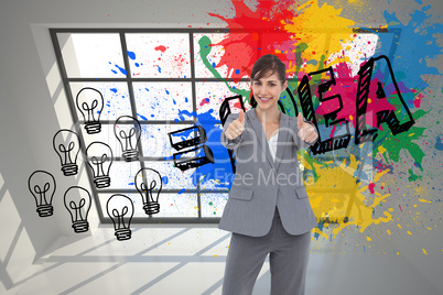 Composite image of smiling businesswoman giving thumbs up