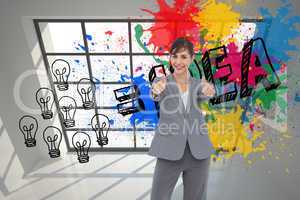 Composite image of smiling businesswoman giving thumbs up