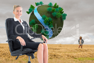 Composite image of businesswoman sitting on swivel chair in blac