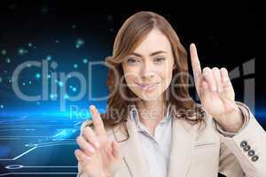 Composite image of classy businesswoman touching invisible scree