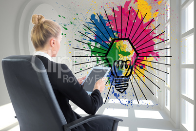 Composite image of businesswoman sitting on swivel chair with ta