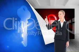 Composite image of young blonde business woman pointing