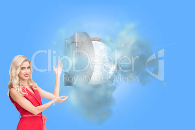 Composite image of smiling blonde presenting