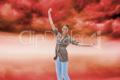 Composite image of happy woman jumping Composite image of happy woman jumping
