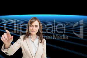 Composite image of portrait of businesswoman touching invisible