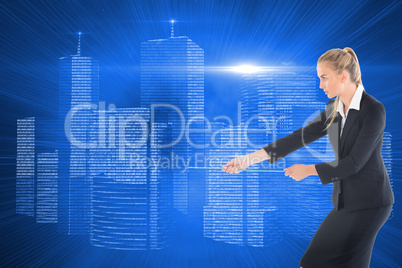 Composite image of businesswoman pulling a rope