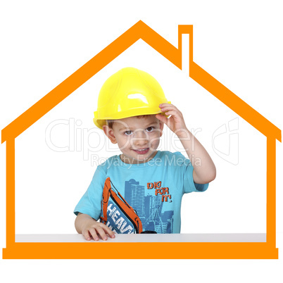 child with construction helmet symbolic in the house