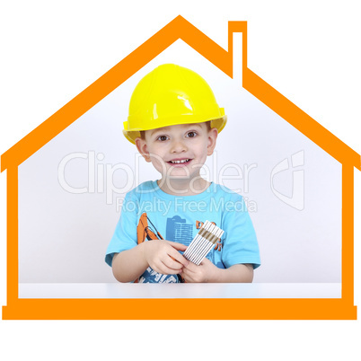 child with construction helmet symbolic in the house