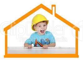 child with construction helmet symbolic in the house