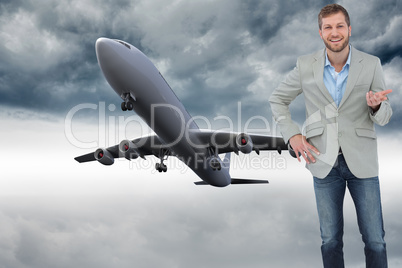 Composite image of stylish man smiling and gesturing