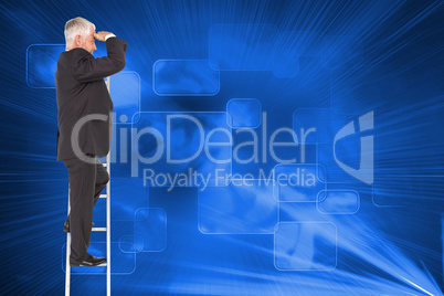 Composite image of mature businessman standing on ladder